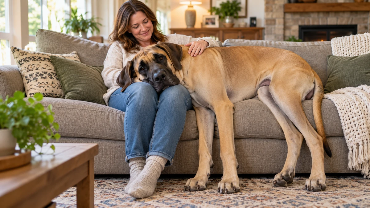 Danua köpek — sahibinin kucağında
